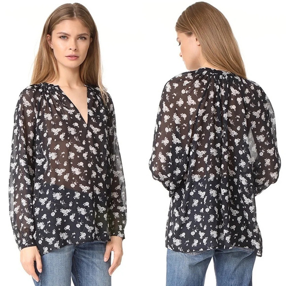 NWOT Vince Calico Floral Pleat Neck Silk Blouse Blue Casual Women’s Medium - Picture 1 of 8